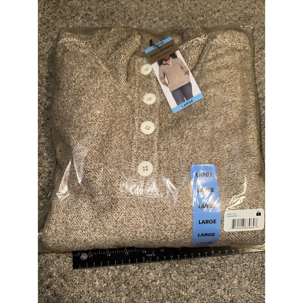 NWT Eddie Bauer Womens Quarter Button Up Front Pockets Pullover Sweater L Pumice